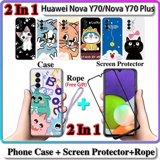 2 IN 1 เคส Huawei Nova Y70 Nova Y70 Plus เคส พร้อมกระจกนิรภัย โค้ง เซรามิก ป้องกันหน้าจอ แมว และโดราเอมอน ดีไซน์