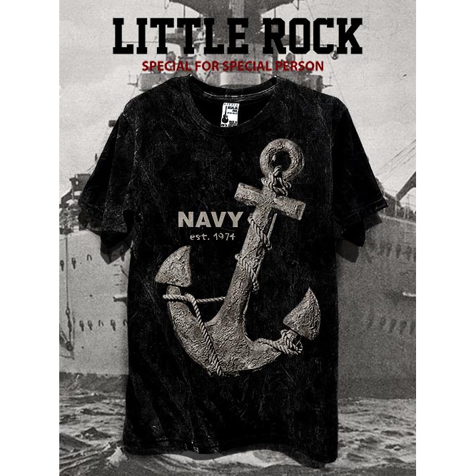 เสื้อยืดแขนสั้นคอกลม Little Rock ลาย Anchor NAVY สมอเรือ ผ้าดำฟอก มีหลายขนาดถึงขนาดใหญ่ 52 นิ้ว