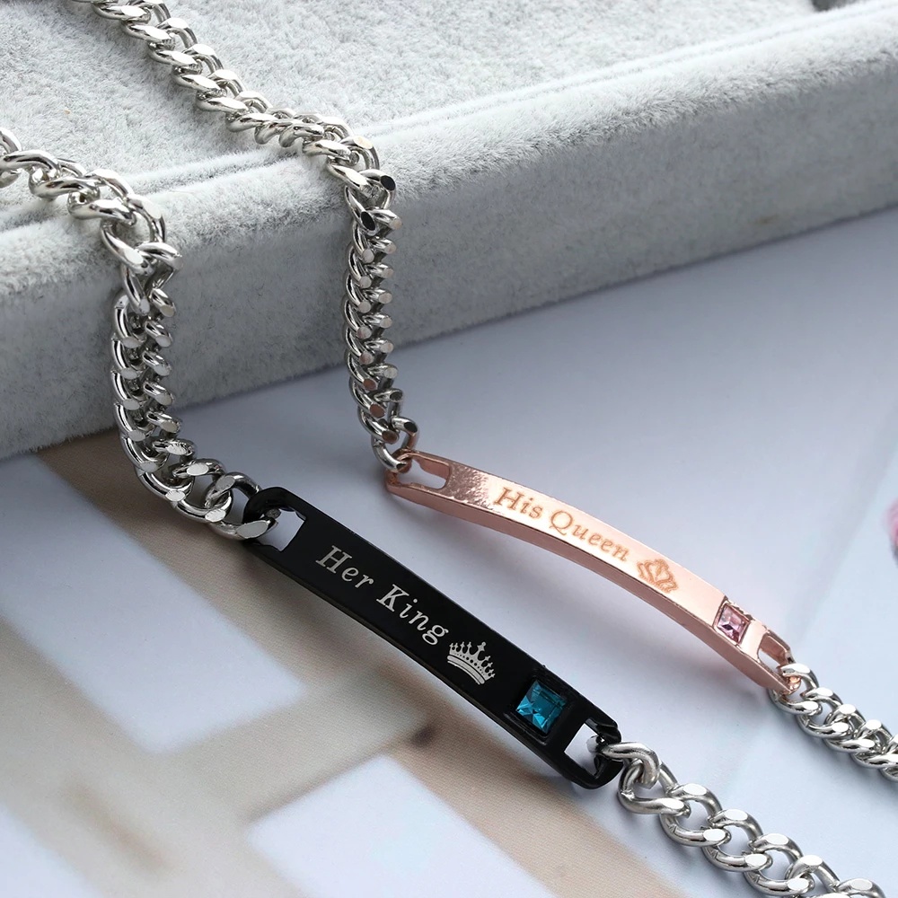 Valentine's Day His Queen His King Black Color Rose Gold Crystal Chain For Men Women Men Bracelet Hand Jewelry
