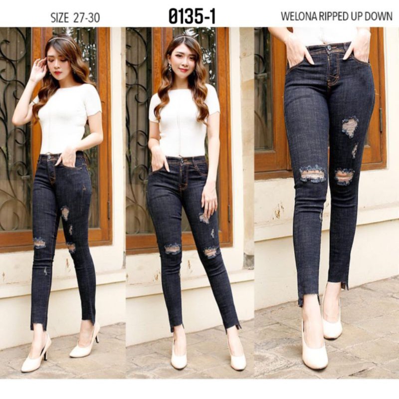 Hitam WOMEN& 39;S LONG JEANS/WELENA RIPPED UP DOWN JEANS/PREMIUM SOFT STRETCH JEANS/CURRENT WOMEN& 3