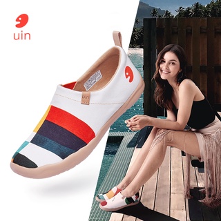 UIN womens sliding canvas lightweight flat shoes sneakers walking leisure art painted travel shoes geometry