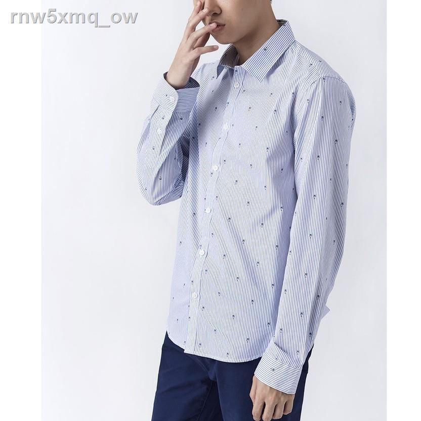 เสื้อผ้าผู้ชาย เสื้อเชิ้ต✶✸ESP เสื้อเชิ้ตลายทาง ผู้ชาย สีน้ำเงิน | Striped Shirt | 1241