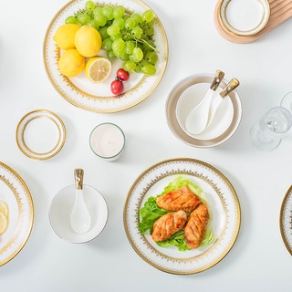  Tableware ชุดจานชามเซรามิค เนื้อโบนไชน่า ชุดจานชาม จานชามเซรามิค  แต่งด้วยลายไทยขอบทอง สไตล์ยุโรป 18/ชุด CJ-702