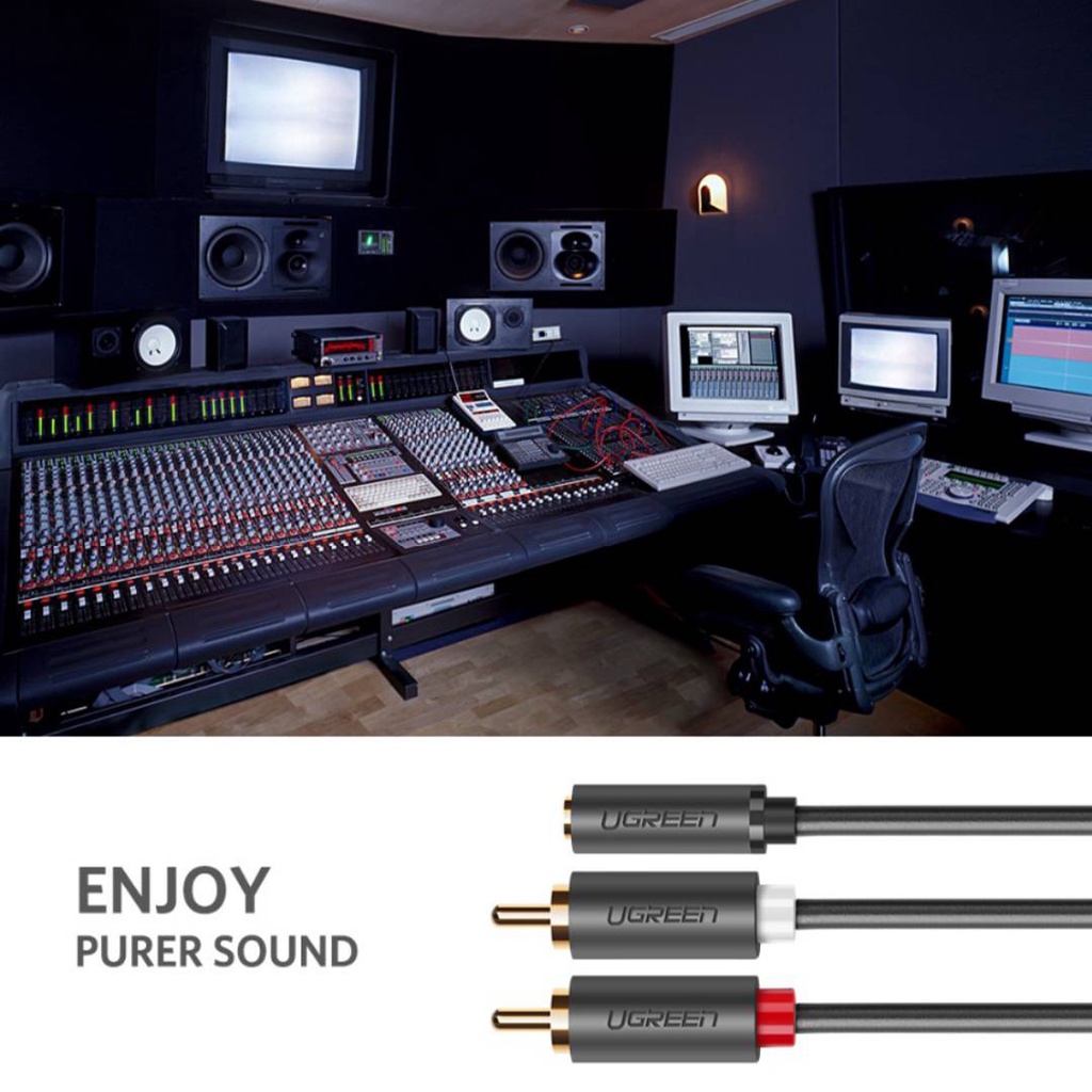 UGREEN รุ่น 10561 สายเคเบิ้ล 2RCA Male to Aux 3.5mm Female ความยาว 25cm สำหรับเครื่องเสียง โฮมเธียเตอร์ เฮดโฟน