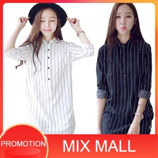 💥พร้อมส่ง💥 เสื้อเชิ้ตยาว ชุดเดรสยาว MixMall Plus Size Striped Womens Dress ( สีกรมสีจริงคือสีดำ) NMN 0-01