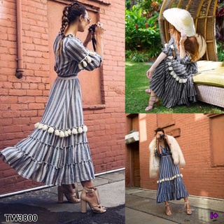 👗Pfashion [ส่งไว!!🚛] P3800 แม็กซี่เดรสลายทางแขนศอก แต่งพู่ช่วงแขนและช่วงกระโปรง Elbow sleeve striped maxi dres