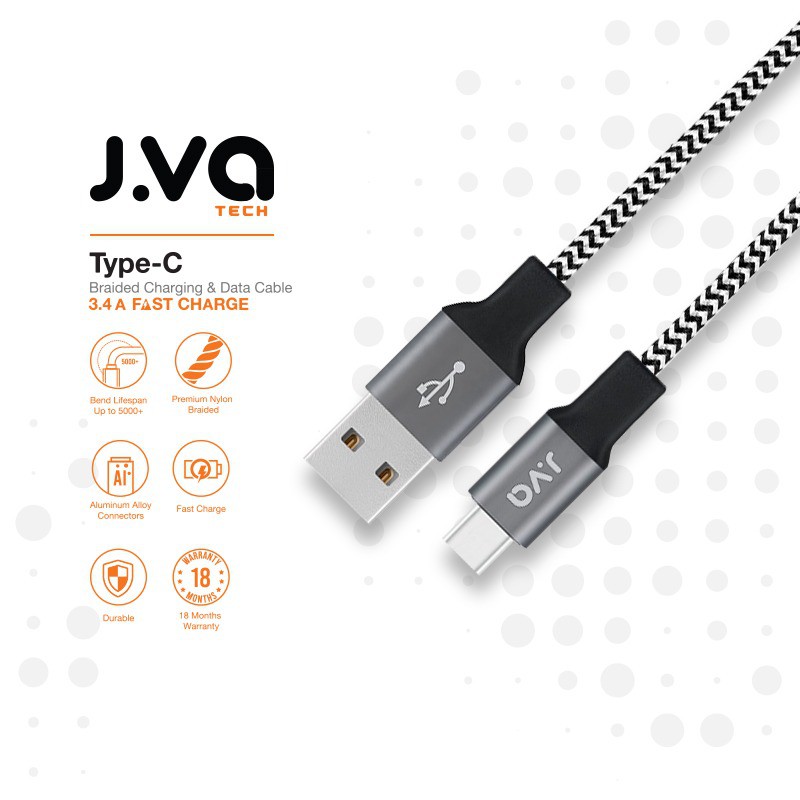 J.VA Tech Type-C 1.0m, สายชาร์จแบบถักและสายดาต้า สีดํา