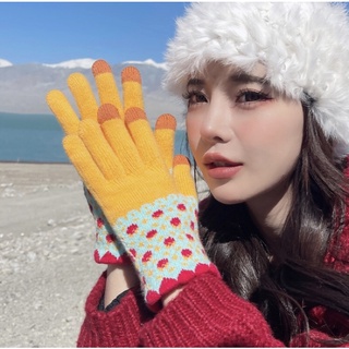 ถุงมือไหมพรม กันหนาว มีทัชสกรีน flower glove(NY)