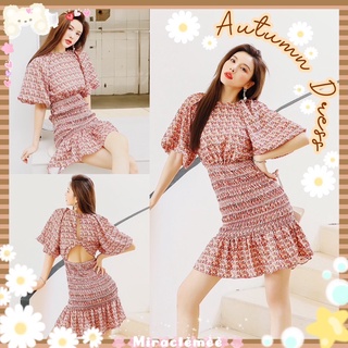 Autumn Mini Dress เดรสลายดอกไม้ สม็อคช่วงกระโปรง แขนตุ๊กตา โทนสีน้ำตาล เดรสคอวีลายดอกไม้ งานป้ายgossip