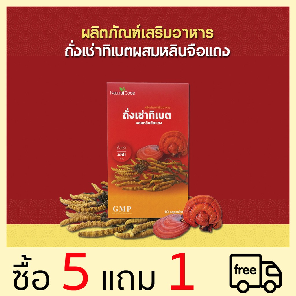 ถั่งเช่าทิเบต ผสมเห็ดหลินจือแดง บำรุงไต ลดเบาหวาน ลดความดัน (เซ็ท5กล่อง แถม 1 กล่อง) รวม 60 แคป