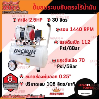 MACNUM ปั๊มลม ระบบขับตรงไร้น้ำมัน oil free ขนาด30 ลิตร ออยฟรี ปั๊มลมเสียงเงียบ ปั้มลม ปั้มลมไฟฟ้า