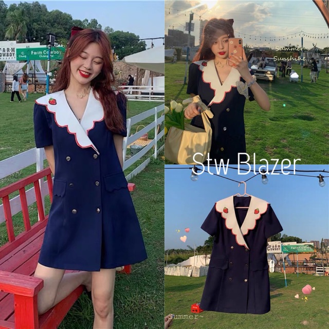 AL752 Stw Blazer มินิเบลเซอร์เดรสสีกรมเข้ม คอปกหยักกุ๊นขอบสีแดงปักลายสตอเบอรี่