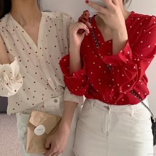 เสื้อแขนยาวคอวีพิมพ์ลายหัวใจแฟชั่นสตรี