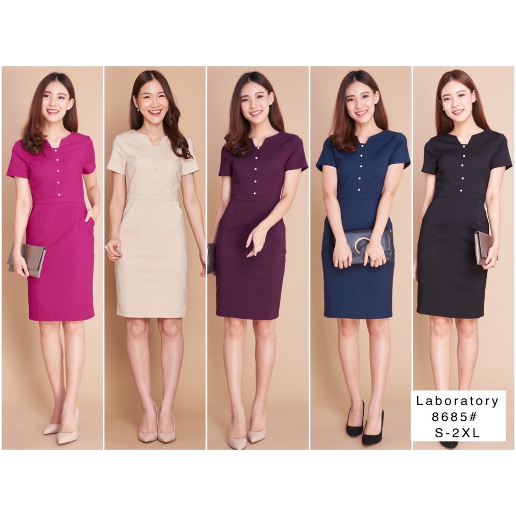 *Laboratory* เดรส 8685# ทรงคอยูแต่งกระดุมมุก กระโปรงทรงสอบ