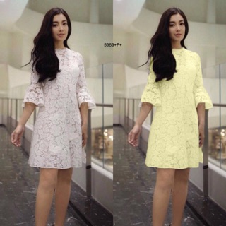 TwinsShopVip💗พร้อมส่ง TW5969 เดรสลูกไม้แขนระฆัง bell sleeve lace dress