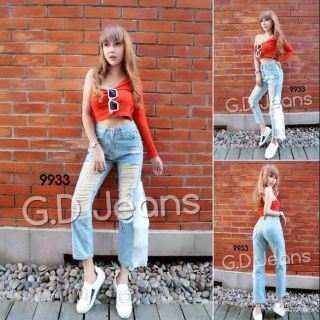 G.D.Jeans รุ่น 9933#กางเกงยีนส์ผ้าด้านทรงบอยแต่งขาดติดลูกไม้ข้างแบบเก๋ๆ 💦💦