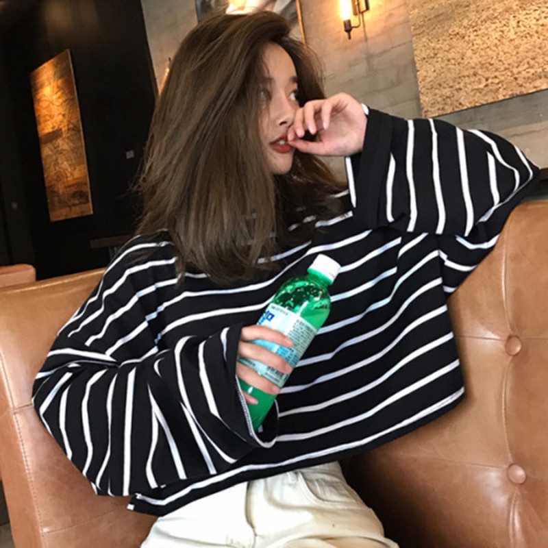 เสื้อยืดคอกลม แขนยาว ลายทาง ทรงหลวม สําหรับผู้หญิง