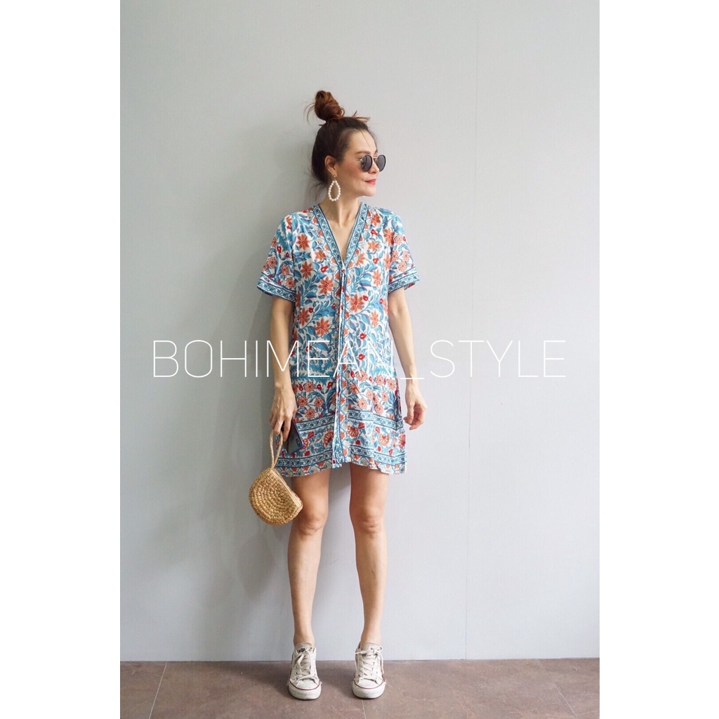 พร้อมส่ง Mini Dress Bohemian ชุดเดรสสั้นเชิ้ตติดกระดุมผ้าพิมพ์ลายดอกไม้สไตล์โบฮีเมียน ใส่เที่ยวคาเฟ่หรือทะเลแฟชั่นเกาหลี