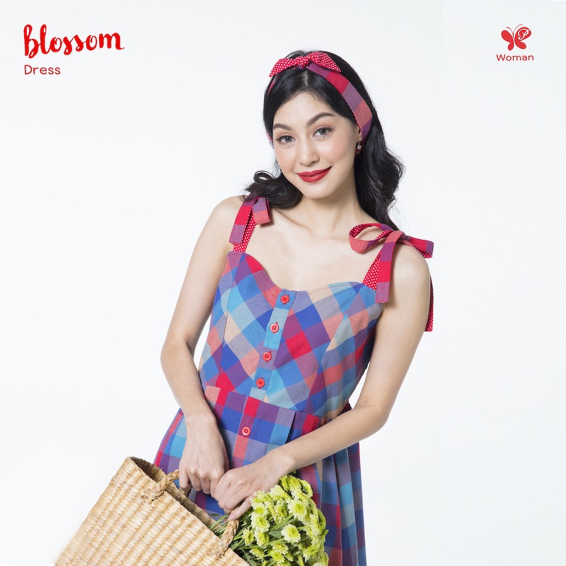 Papillon Woman Bow Strap Blossom Dress - Thai Authentic Fabric เดรส เดรสสายเดี่ยว