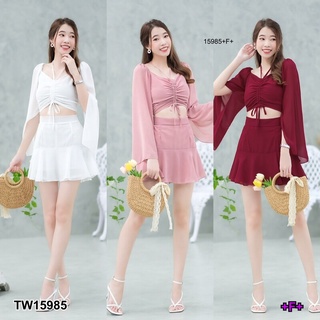 👗Pfashion [ส่งไว!!🚛] P15985 set 2 ชิ้น เสื้อแขนผ่ารูดอก + กระโปรงสั้น Set of 2 pieces, sleeveless shirt + shor