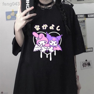 ✒CX Harajuku การ์ตูน Gothic พิมพ์แขนสั้น Kuromi เสื้อยืดเสื้อฤดูร้อน Streetwear O - Neck สาวน่ารักเสื้อยืดขนาดใหญ่สำหรับ