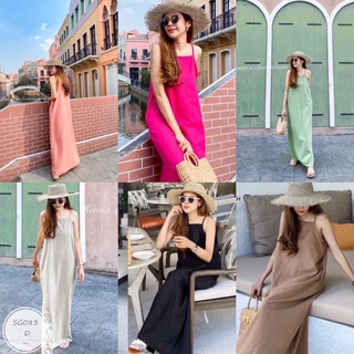 SG083 Maxi Dress เดรสยาว สายเดี่ยว เนื้อผ้าลินิน มีกระเป๋าข้างสองข้าง เรียบ หรู