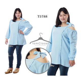 T5788 เสื้อคนอ้วน :  รอบอก 46 นิ้ว เสื้อแขนยาวดีไซด์กระดุมหน้าเปิดไหล่ สีฟ้า