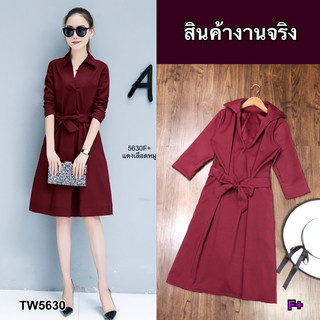 TwinsShopVip💗พร้อมส่ง TW5630 เดรสคอปกผูกเอว neck tie waist dress