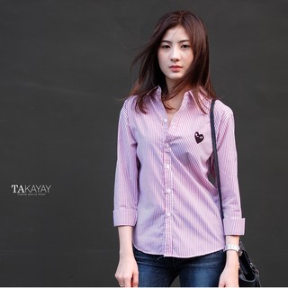 takayay brand เชิ้ตคอตตอน แดงสดลายทางใจดำ 36-54 นิ้ว