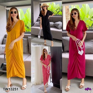 SS13251 Maxi Dress เดรสยาว คอวี แต่งรูดกลางตัว