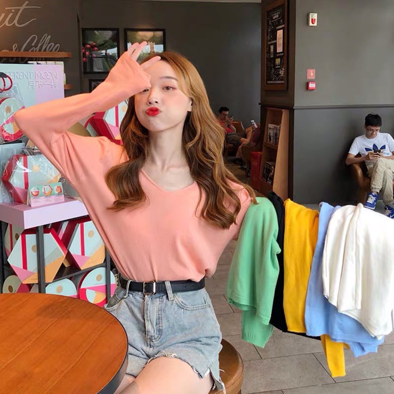ส่งทันที Cici(SALE 8A38)เสื้อไหมพรมแขนยาว คอวV สไตล์เกาหลี