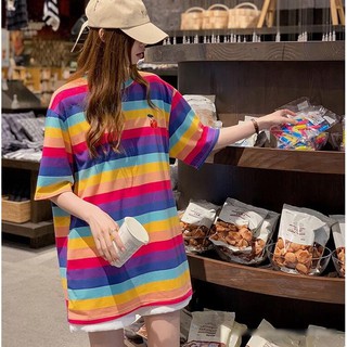 Women Korean Oversize Loose Rainbow Striped Short Sleeve T-shirts Student Casusl tops