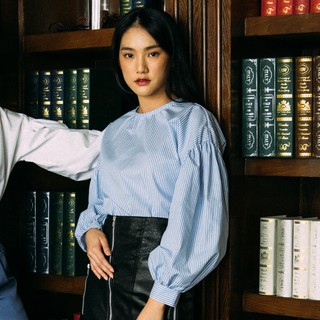 Blue Stripe Bubble Sleeve Blouse เสื้อแขนพอง ลายทางฟ้า-ขาว