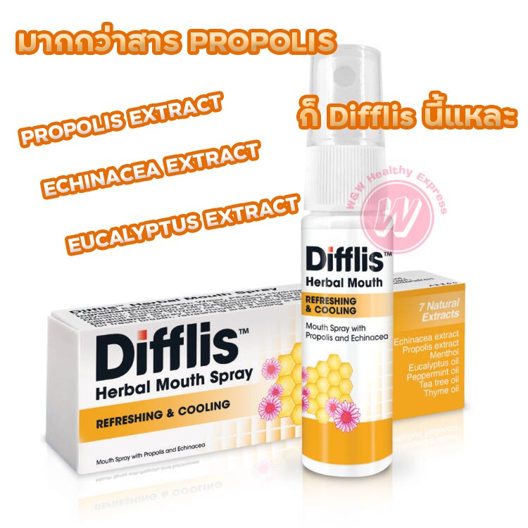 Difflis herbal mouth spray สเปรย์พ่นคอ ตัวยาพ่นคอ มีสาร Propolis ใช้แทน โพรโพลิซ สเปรย์ (Propoliz spray) แก้ไอ แก้เจ็บคอ