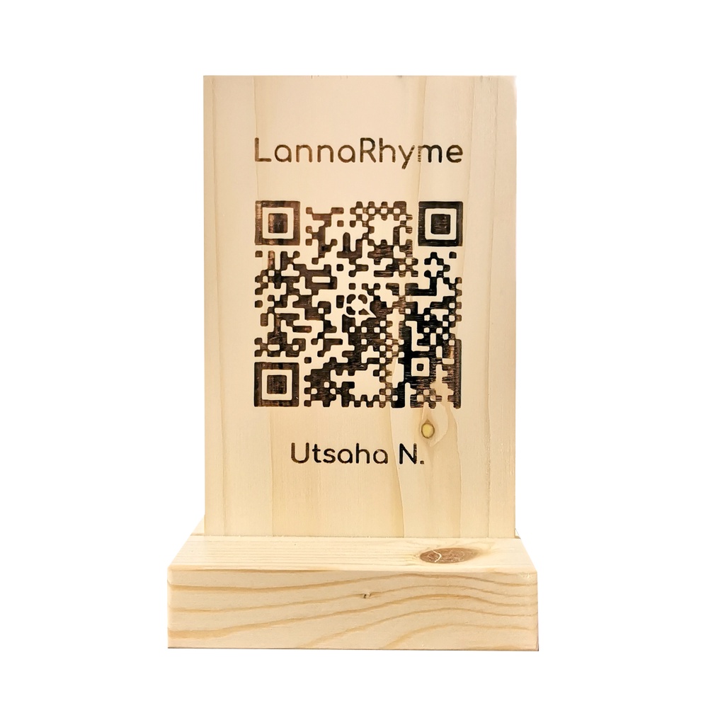 ป้ายตั้งโต๊ะ​ ไม้สน​ พร้อมแกะสลัก​ QR​ Code ชำระเงิน