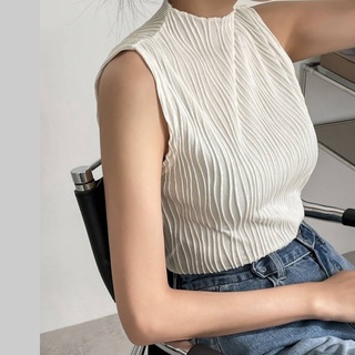 พร้อมส่ง📦 Mestyle เสื้อเเขนกุด ลายพริ้ว ทรงคอสูง เรียบหรู ดูเเพงมากเกินราคาจริงๆ