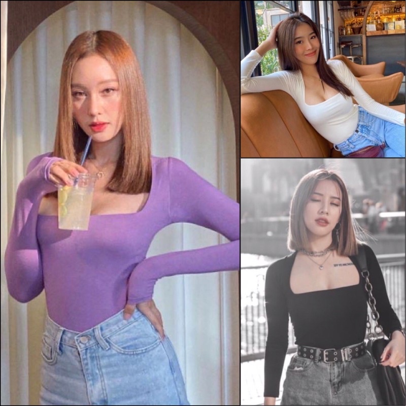 ❤️Rich❤️บอดี้สูทคอเหลี่ยมปกหลัง แขนยาวเต็มตัว ผ้าเรย่อน2ชั้นเนื้อหนาเวอร์ แมชกับอะไรก็สวย