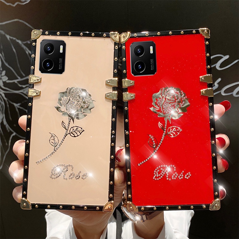 เคส VIVO Y15s Y15a Y33s Y21 Y21s Y11 Y11s Y12 Y12a Y12s Y12i Y12d Y15 Y17 Y19 Y20 Y20i Y20s G Y30 Y30i Y31 Y50 Y51 Y51a Y52 Y72 5G S1 Pro หรูหราแฟชั่นแบรนด์แววเพชรกุหลาบกรณีโทรศัพท์มือถือแฟชั่นยอดนิยมสแควร์ซิลิโคนป้องกันการตกกรณีการป้องกัน