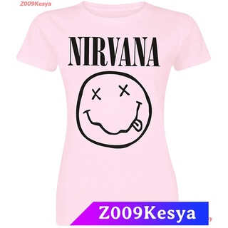 Z009Kesya เสื้อยืดสีพื้นผู้หญิง Nirvana T Shirt Classic Band Logo Official Womens Junior Fit Pink discount  Nirvana,นิพพ