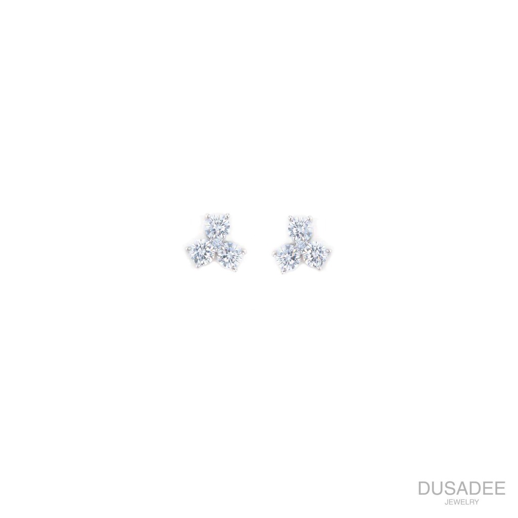 Tri Earrings ต่างหูเงินแท้ ชุบทองคำขาว ประดับเพชรสวิตน้ำ100 แบรนด์ Dusadee Jewelry