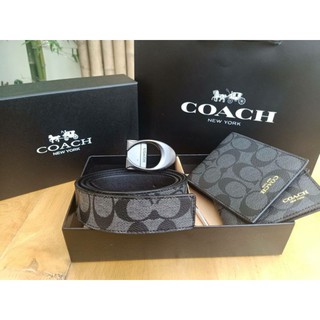 Set กระเป๋าสตางค์&amp; เข็มขัด Coach แท้💯 ผู้ชาย สีเทา หัวตัวC ของขวัญ สุดคุ้ม