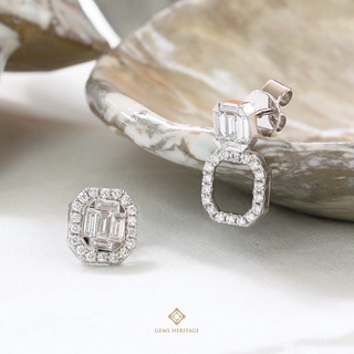 Gems heritage : ต่างหูเพชรประกบทรง Emerald cut เพชรล้อม 1 ชั้น ปรับใส่ได้ 3 แบบ เพชรแท้น้ำ 97(ERWG206)