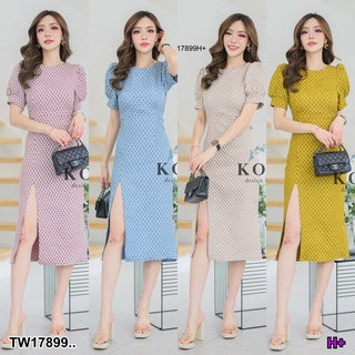MM17899 เดรสคกลมผ่าหน้าขา มีซิปหลัง Round neck dress with front slits, zip at the back..