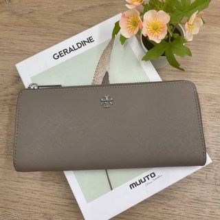 (ผ่อน0%) กระเป๋า​สตางค์​ ใบยาว TORY​ BURCH Saffiano Plain Long Wallets ขนาด 8 นิ้ว หนังแท้สีเทา ซิปรอบ