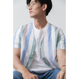 Classic Stripe Linen V-neck Holiday Shirt. เสื้อเชิ้ตแขนสั้นผู้ชายคอวี ผ้าลินินลายทาง สี mint swatch