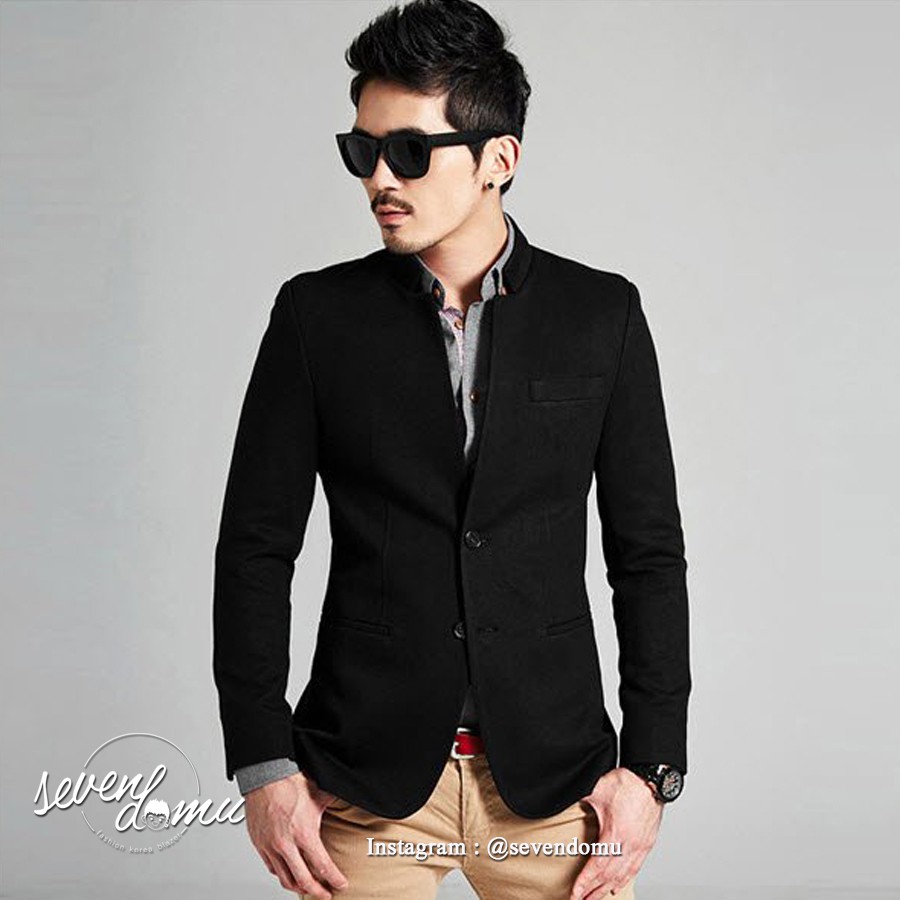 เสื้อเบลเซอร์ คอแมนดาริน สีดํา สําหรับผู้ชาย | Sk-85