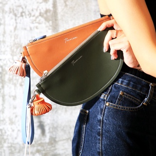 Pie clutch Coin Purse กระเป๋าคลัทช์ ประดับพู่ดอกไม้-Olive Green