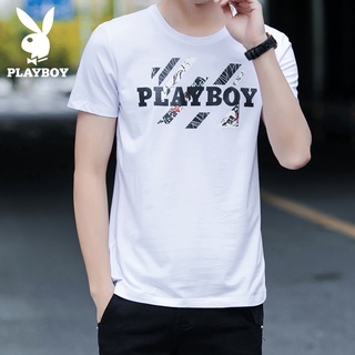 PLAYBOY เสื้อยืดแขนสั้นผู้ชายฤดูร้อนเทรนด์เกาหลีเสื้อผ้าฝ้ายคอกลม (M-3XL) -YY2103