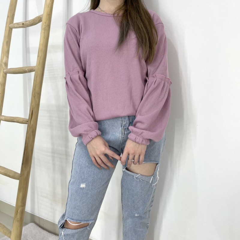 ขายส่ง (48k x 6pcs) - รหัส 755F Lilac ถักเอวยืดหยุ่น Ruffle เสื้อ BW