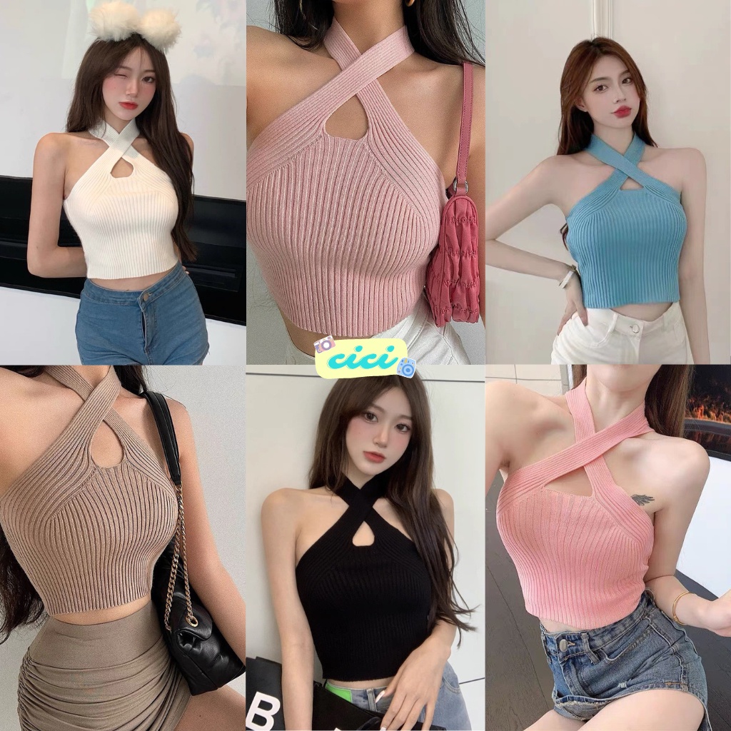ส่งทันที Cici(NO. 44106)เสื้อครอปไหมพรมสายพันคล้องคอ เนื้อผ้าทอร่องยืดได้เยอะ ทรงฮิตมาแรงมากๆ